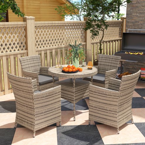 Outsunny 4 Seater Garden Dining Set with Cushions, Double Layer Table with Wood-like Slat Top, PE Rattan Garden Furniture Set, Outdoor Dining Table and Chairs for Patio, Balcony, Grey