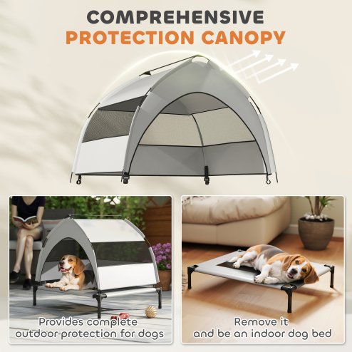 PawHut Elevated Dog Bed with Removable Canopy, Portable Cooling Raised Pet Cot with Breathable Mesh, Storage Bag, for Indoor Outdoor Use, for Small Medium Dogs, 76 x 61 x 60 cm, Light Grey