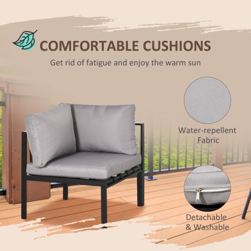 Outsunny 5 Seater Garden Corner Sofa Set, 4 Pieces Metal Garden Furniture Set with Loveseats, Glass Top Coffee Table, Breathable Mesh Pocket, Outdoor Conversation Furniture with Cushions, Light Grey