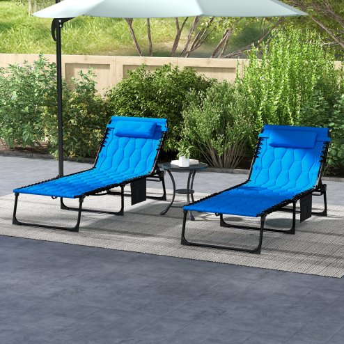 Outsunny 2 Piece Foldable Sun Lounger Set with 5-level Reclining Back, Outdoor Tanning Chairs Sun Loungers with Build-in Padded Seat, Side Pocket, Headrest for Beach, Patio, Blue
