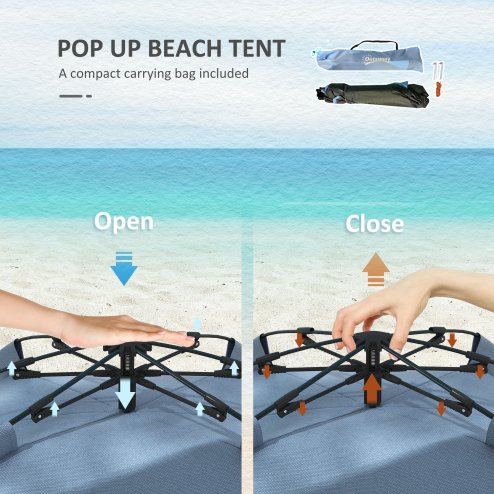 Outsunny Pop Up Tent Beach Tent for 2-3 Person, UPF15+ Easy Set Up Sun Shelter with Extended Floor, Sandbags, Mesh Windows and Carry Bag, Light Blue