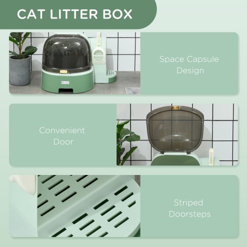 PawHut Cat Litter Box, 2 in 1 Hooded Cat litter Tray Cat House with Scoop, Drawer Pans, Openable Cover, Green