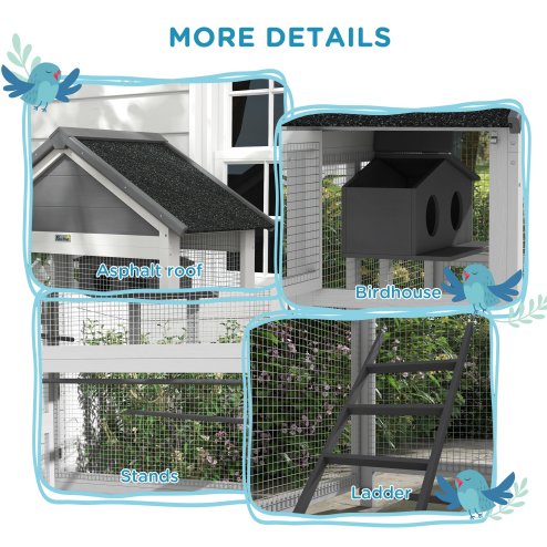 PawHut Wooden Bird Cage Budgie cage, Bird Aviary Outdoor Birdhouse for Finches, Parakeets - Grey