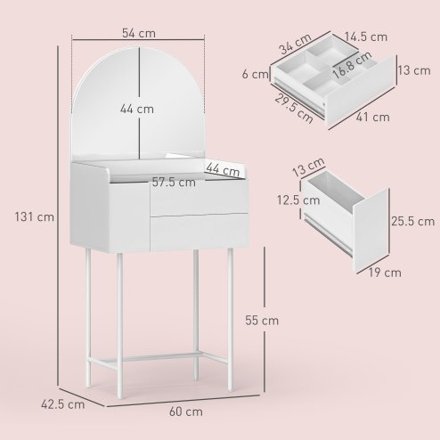 HOMCOM Dressing Table with Arched Mirror, Modern Makeup Desk with 3 Drawers, Small Vanity Table for Bedroom, Small Spaces, 60 x 42.5 x 131 cm, White