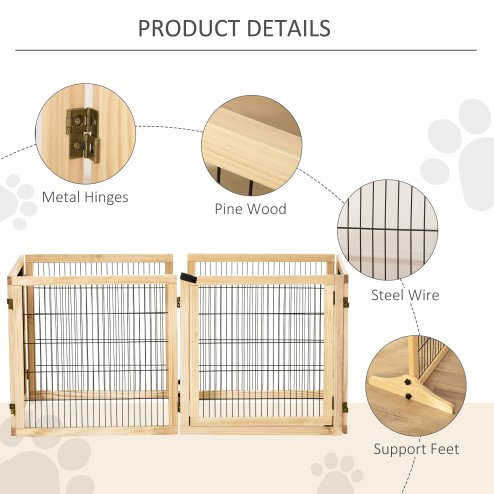 PawHut Freestanding Pet Gate, 6 Panel Foldable Playpen, Wooden Dog Gate with 2 Support Feet, for Stairs, Doorway - Natural Tone