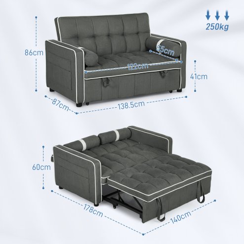 HOMCOM 2 Seater Sofa Bed, Click Clack Pull Out Sofa Bed with Adjustable Backrest and Pillows, 3-in-1 Modern Tufted Settee for Living Room, Bedroom, Guest Room, Charcoal Grey