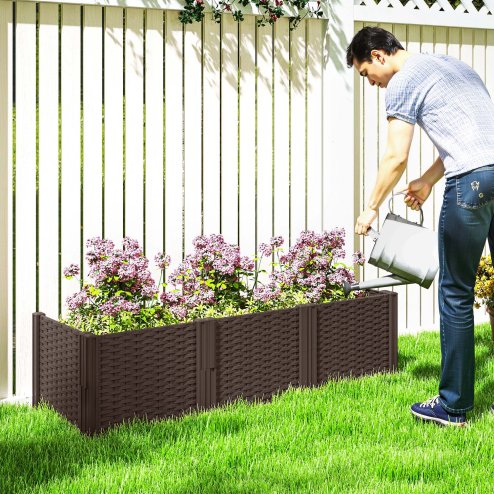 Outsunny Plastic Raised Garden Bed, Modular Planter Box Kit, Garden Fence Edging Border for Flowers, Vegetables, Herbs, Brown