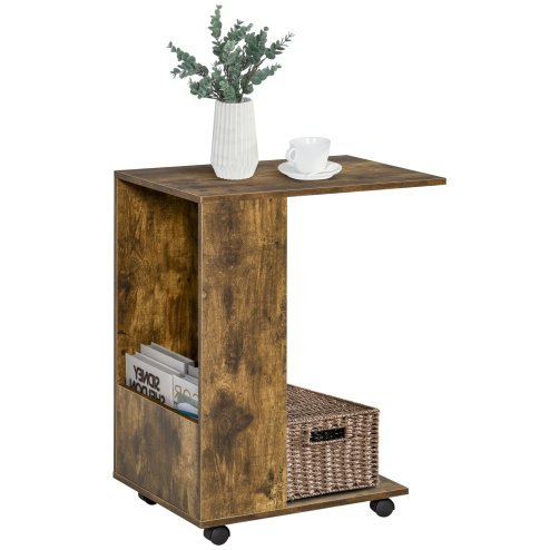 HOMCOM Mobile Sofa Side Table C-Shape End Table with Storage and Casters for Laptop Coffee Snack