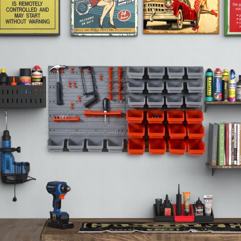 DURHAND 44 Pcs On-Wall Garage DIY Storage Unit with 28 Cubes 10 Hooks 2 Boards Screws Organisation Pegboard Tool Equipment Red