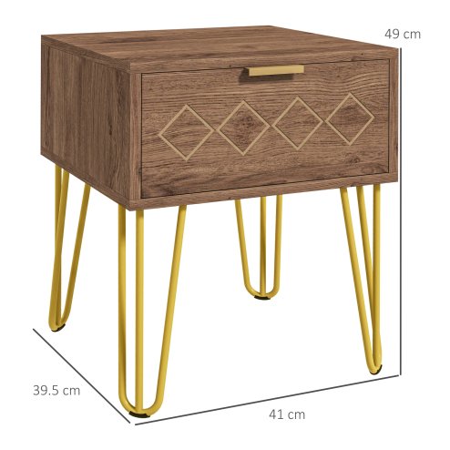 HOMCOM Bedside Table with Drawer, Wooden Nightstand, Modern Sofa Side Table with Gold Tone Metal Legs and Handles for Living Room, Bedroom, Easy Assembly, 40x41x 49cm, Brown