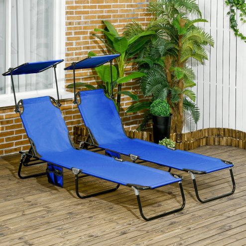 Outsunny 2 Piece Folding Sun Loungers with Canopy, Adjustable Recliner Garden Chairs with Side Pocket, Steel Frame and Breathable Mesh for Outdoor, Pool, Beach, Garden, Blue