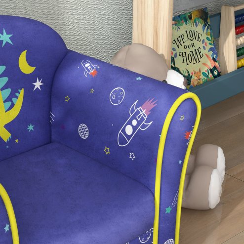 AIYAPLAY Kids Sofa Chair, Toddler Armchair with Planet and Dinosaur Design, Wooden Frame, Upholstered Toddler Chair for Bedroom, Playroom, Kids Room - Blue