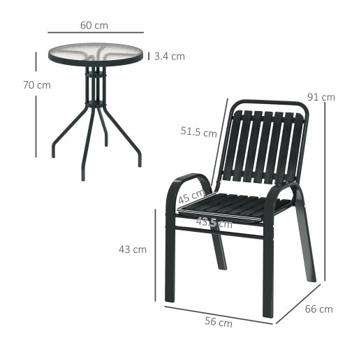 Outsunny 3 Pieces Patio Bistro Set, Garden Furniture Set with Stackable Chairs, Tempered Glass Table, Rust Resistant for Outdoor, Balcony, Patio, Garden, Charcoal Grey