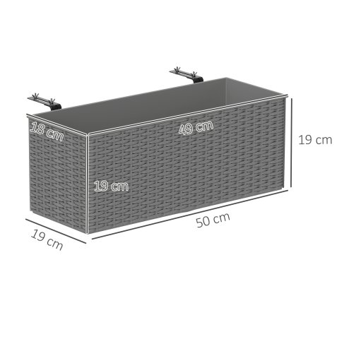 Outsunny Set of 2 Hanging Flower Boxes, 50 cm Long, Rattan Look Flower Pot with Drainage Holes and Hooks, Railing Box for Fence Balcony Garden, Grey