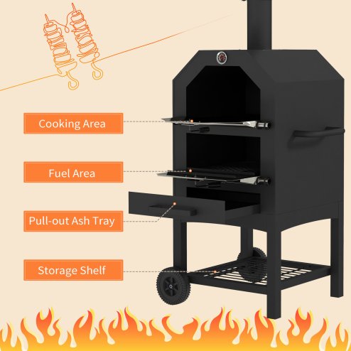 Outsunny 2-in-1 Outdoor Pizza Oven 3-Tier Freestanding Charcoal BBQ Grill with Rain Cover, Chimney, Thermometer, Bottom Shelf, Anti-scald Handles, Wheels for Garden Party Gathering