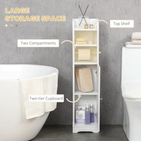 kleankin Slim Bathroom Storage Cabinet with 2 Open Shelves and Toilet Paper Roll Holder, Freestanding Bathroom Storage Unit with Adjustable Shelf, 23 x 18 x 100 cm, White