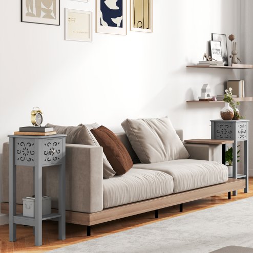 HOMCOM Side Table Set of 2, Bedside Table Set with Drawer and Storage Shelf, End Table Set with Elegant Flower-Shaped Design for Living Room Bedroom, Grey