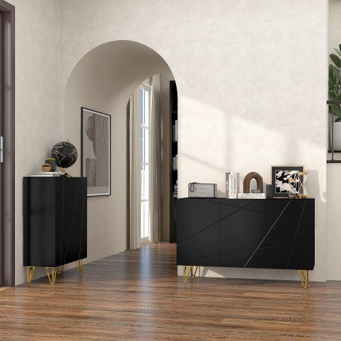 HOMCOM Storage Cabinet with High Gloss, Freestanding Sideboard with Adjustable Shelves, Soft-Close Doors and Gold Tone Hairpin Legs for Living Room, Dining Room, Hallway, Black