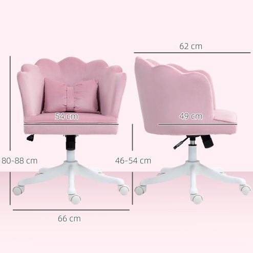 HOMCOM Velvet Office Chair with Petal Shell Back and Lumbar Pillow, Armless Desk Chair with Wide Seat and Tilt Function, Height Adjustable Swivel Makeup Vanity Chair for Bedroom, Pink