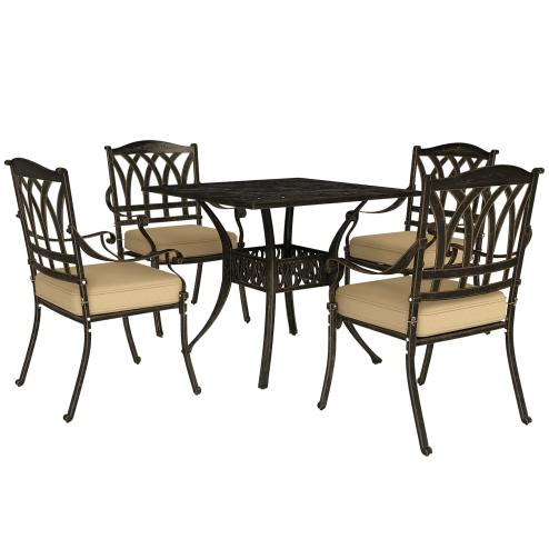 Outsunny 5 Pieces Cast Aluminium Garden Dining Set, 4 Seater Garden Table and Chairs with Parasol Hole, Outdoor Garden Furniture Set with Cushions for Patio, Bronze Tone