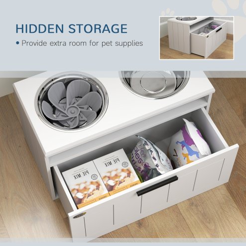 PawHut Raised Dog Bowl, Elevated Pet Bowls with Slow Feeder, Two Stainless Steel Bowls, Drawer, for Large & Extra Large Dogs, White