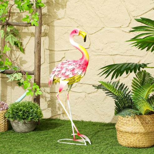 Outsunny Flamingo Garden Statue Ornament, Metal Bird Art Outdoor Statue, Standing Garden Sculpture Gift with Ground Stakes for Pond Landscape Decoration, Pink