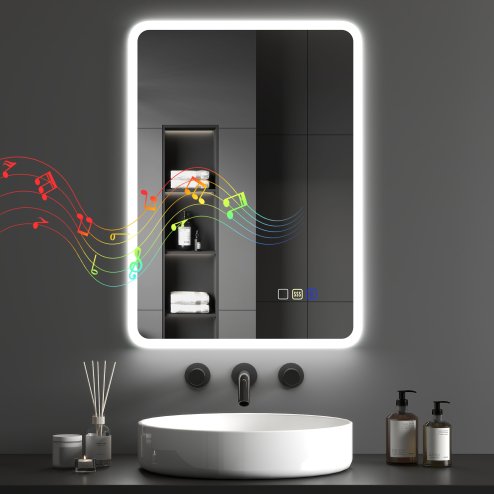 HOMCOM  Backlit Illuminated Bathroom Mirror with LED Lights and Bluetooth, Wall Mounted Vanity Mirror with 3 Colours Dimmable, Anti-Fog, Memory Function, Touch Switch, IP44