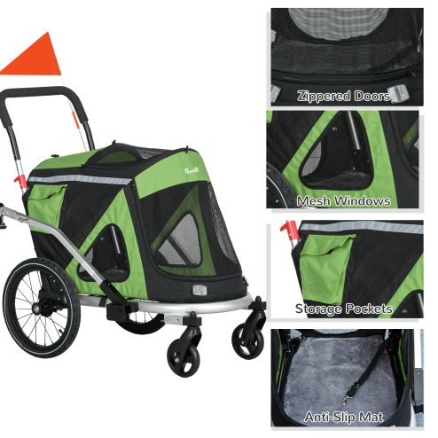 PawHut Dog Bike Trailer Dog Stroller 2 in 1 Foldable with Aluminium Frame, Quick-Release Wheels, Safety Leash, Anti-Slip Mat, Hitch Coupler, Reflectors, Flag, for Medium Dogs - Green