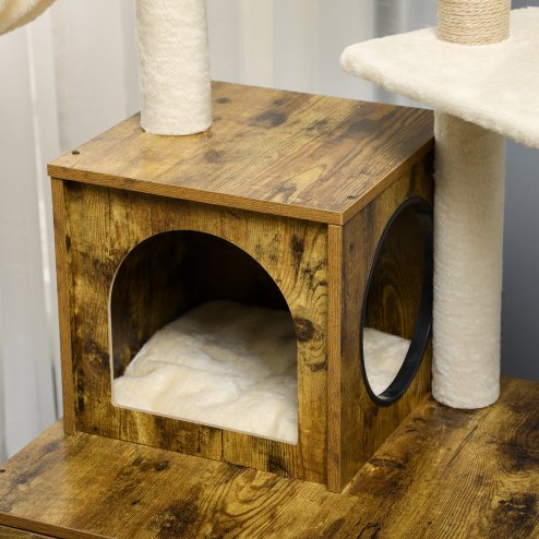 PawHut Cat Tree with Litter Box Enclosure, 2-in-1 Cat Tower for Indoor Cats with Cat House, Scratching Post, Hammock, Cushion, Rustic Brown