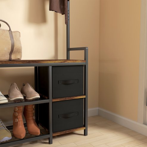 HOMCOM Coat Rack with Bench and Shoe Storage, 4-in-1 Coat Stand with 15 Coat Hooks, 2 Fabric Drawers for Hallway, Living Room, Bedroom, Rustic Brown