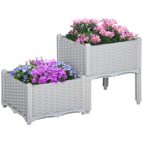 Outsunny Set of 2 26L Garden Raised Bed Elevated Patio Flower Plant Planter Box PP Vegetables Planting Container, Grey