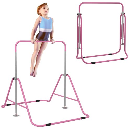 HOMCOM Kids Gymnastic Bar, Foldable Horizontal Bars w/ Adjustable Height, Training Bar w/ Triangle Base - Pink