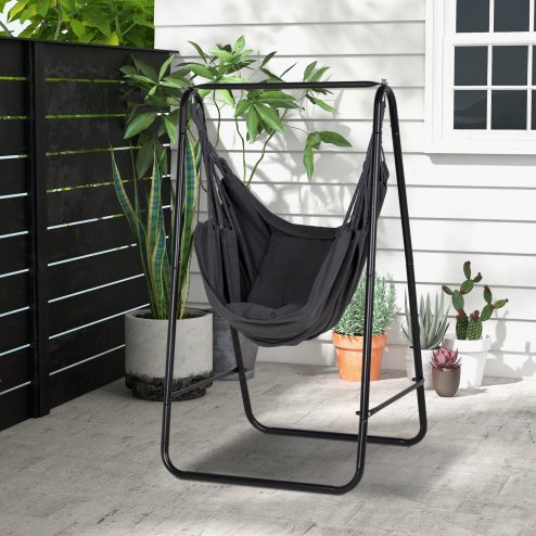 Outsunny Patio Hammock Chair with Stand, Outdoor Hammock Swing Hanging Rope Chair with Cushion, Armrest, Hooks, Dark Grey