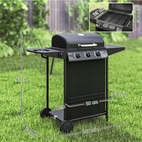 Outsunny 3+1 Burner Gas BBQ Grill with Built-in Thermometer, Lid, Portable Gas Barbecue Grill with Side Table, Shelf, Spice Rack, Wheels, Grease Cup for Garden Party Outdoor Cooking, Black