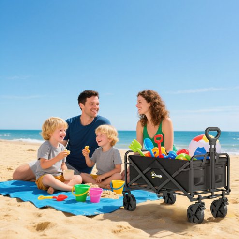 Outsunny 90L Festival Trolley on Wheels, Folding Camping Trolley Cart with Adjustable Handle, Portable for Outdoor, Garden, Shopping, Fishing, Black