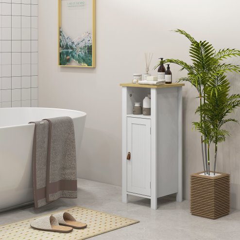 kleankin Slim Bathroom Storage Unit with Open Shelf, Bathroom Storage Cabinet with Beadboard Door and Adjustable Shelf, 32 x 30 x 80 cm, White