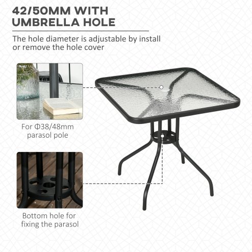 Outsunny 76 cm Square Dining Table with Parasol Hole, Outdoor Coffee End Side Table with Tempered Glass Top, Steel Frame for Garden, Patio, Black