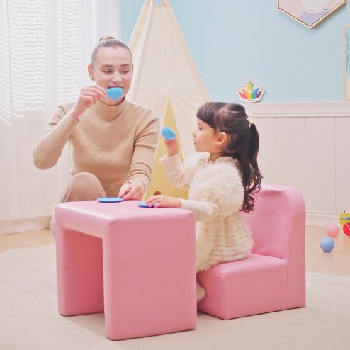 HOMCOM Kids Armchair Toddler Sofa Children's Chair, 2 in 1 Kids Table Chair Set with Wooden Frame, for 3 Years Old Girls Pink