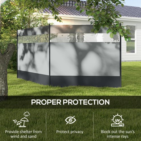 Outsunny Camping Windbreak, 4 Pole Windbreaker Blocker with Clear Windows, Carry Bag and Steel Poles, for Beach Caravan Campervan, 440 x 140cm, Grey