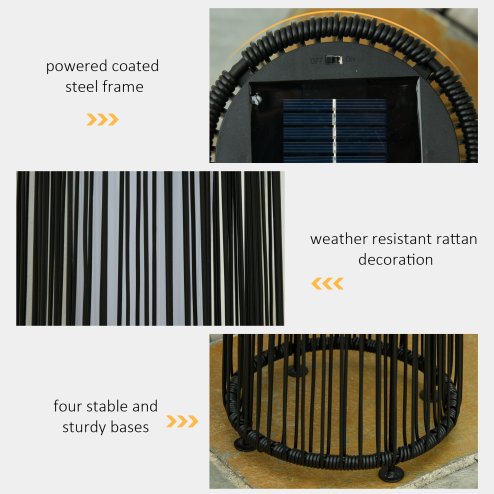 Outsunny Garden Rattan Lamp, 61 cm Tall Solar Rattan Floor Lamp, Solar Garden Light with Auto On/Off LED Light, IP44 Waterproof for Outdoor, Porch, Pathway, Terrace, Black