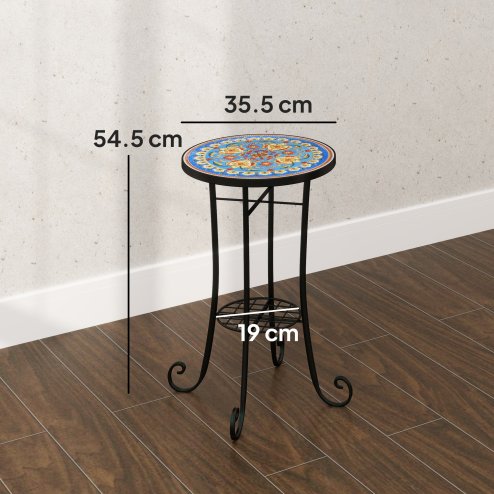 Outsunny Mosaic Garden Table, 35.5 cm Round Outdoor Table with Shelf, Ceramic Tile Top, Small Garden Side Table Bistro Table End Table Plant Stand for Indoor, Patio, Balcony, Blue
