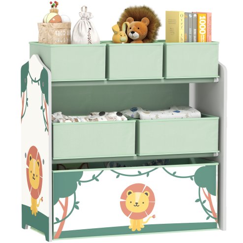 AIYAPLAY Kids Toy Storage Units, 3-Tier Toy Organiser Shelf with 6 Removable Fabric Boxes for Kids, Boys, Girls, Bedroom, Playroom, Nursery, Green