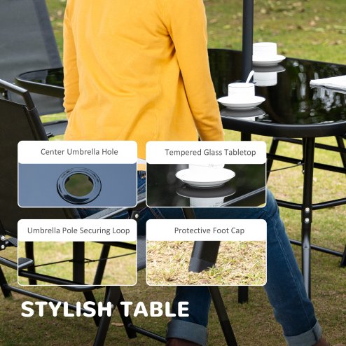 Outsunny 8 Pieces Metal Garden Furniture Set with Parasol and Folding Chairs, Garden Dining Set, 6 Seater Outdoor Table and Chairs with Tempered Glass Top, Black