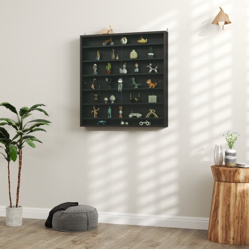 HOMCOM 7-Tier Wall Mounted Display Cabinet, Display Case with 6 Adjustable Shelves, Glass Doors for Home Office Ornaments 83x80cm, Black