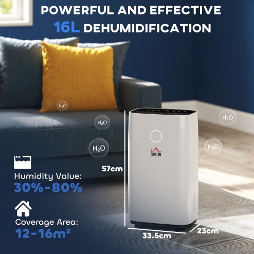 HOMCOM 16L/Day Portable Dehumidifier for Home, with LED Screen, Sleep Mode, 24H Timer, 4L Water Tank, Electric Air Dehumidifier for Damp Laundry Bedroom Basement