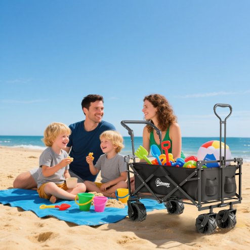 Outsunny 120L Festival Trolley on Wheels, Folding Camping Trolley Cart with Removable Canopy, All-Terrain Wheels, Adjustable Handle and Side Pockets for Garden Beach Fishing Shopping, Black