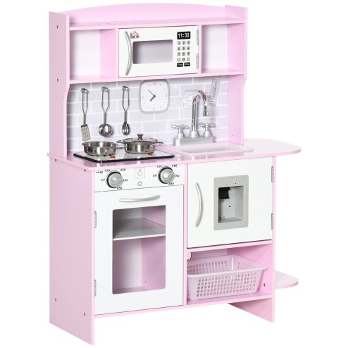 HOMCOM Children Wooden Play Kitchen w/ Lights Sounds, Kids Kitchen Playset w/ Water dispenser, Microwave, Utensils, Sink, Storage, for Ages 3-6 Years - Pink