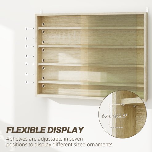 HOMCOM 5-Tier Wall Display Shelf Unit Cabinet w/ 4 Adjustable Shelves Glass Doors Home Office Ornaments 60x80cm Oak