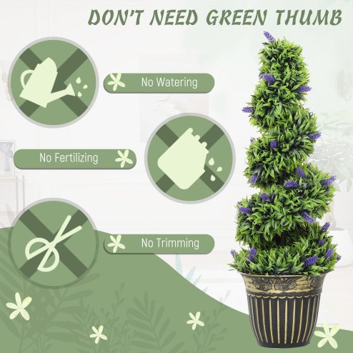 HOMCOM Set of 2 Decorative Artificial Plants, Boxwood Spiral Topiary Tree with Lavender and Pot, Fake Plants for Home Indoor Outdoor Decor, 90cm