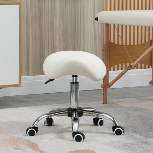 HOMCOM Cosmetic Stool 360?? Rotate Height Adjustable Salon Massage Spa Chair Hydraulic Rolling Faux Leather Saddle Stool Mobility, Cream